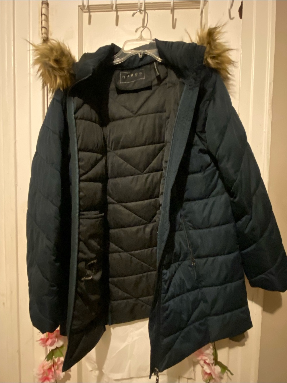 Nuage Women's Navy Faux-Fur Trim Puffer Jacket